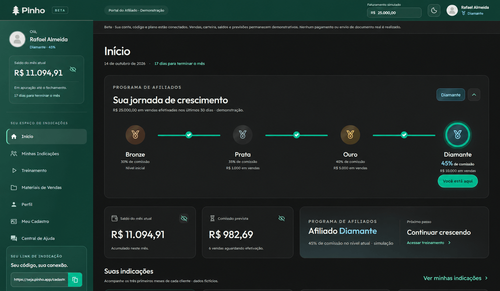 Prévia ilustrativa do Portal do Afiliado em modo escuro, com menu de indicações e nível Diamante com valores fictícios