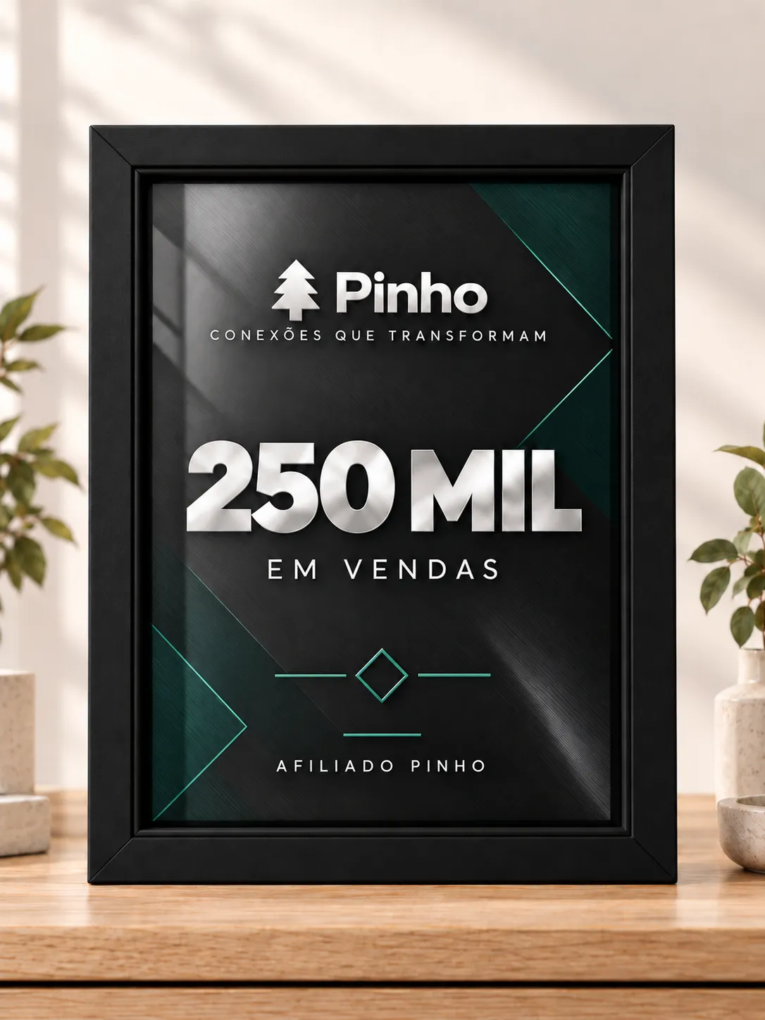 Modelo ilustrativo de placa Pinho com moldura preta e frente de vidro para 250 mil reais em vendas