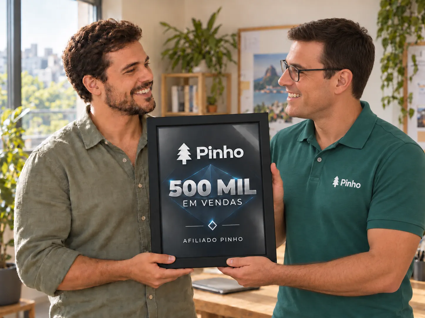 Cena ilustrativa de dois profissionais entregando uma placa Pinho de 500 mil reais em vendas, com moldura preta e frente de vidro