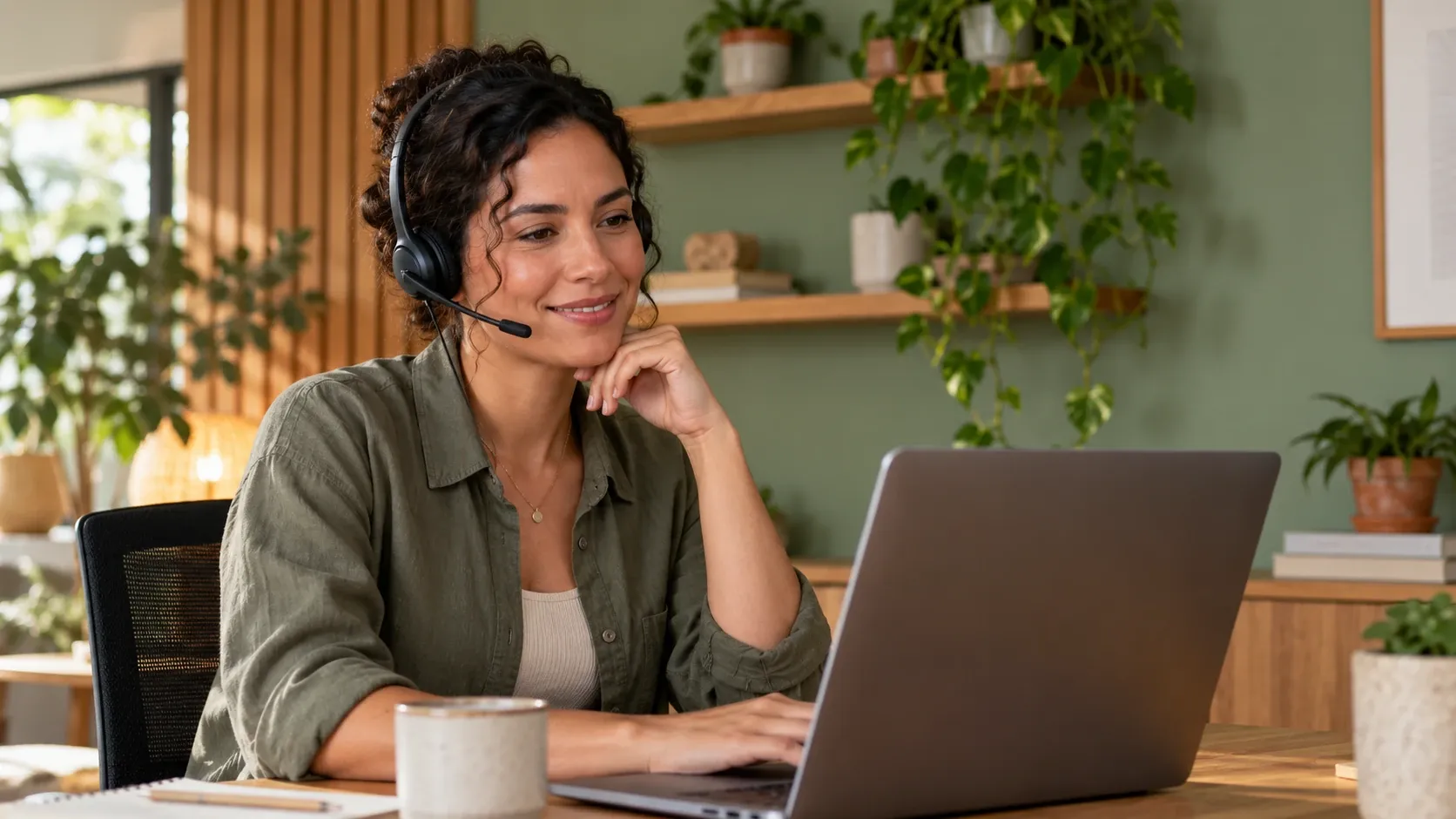 Profissional de suporte com headset atendendo pelo computador