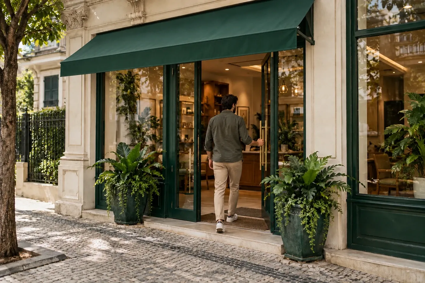 Cliente entrando em um estabelecimento com fachada clássica, portas de vidro, toldo verde e plantas